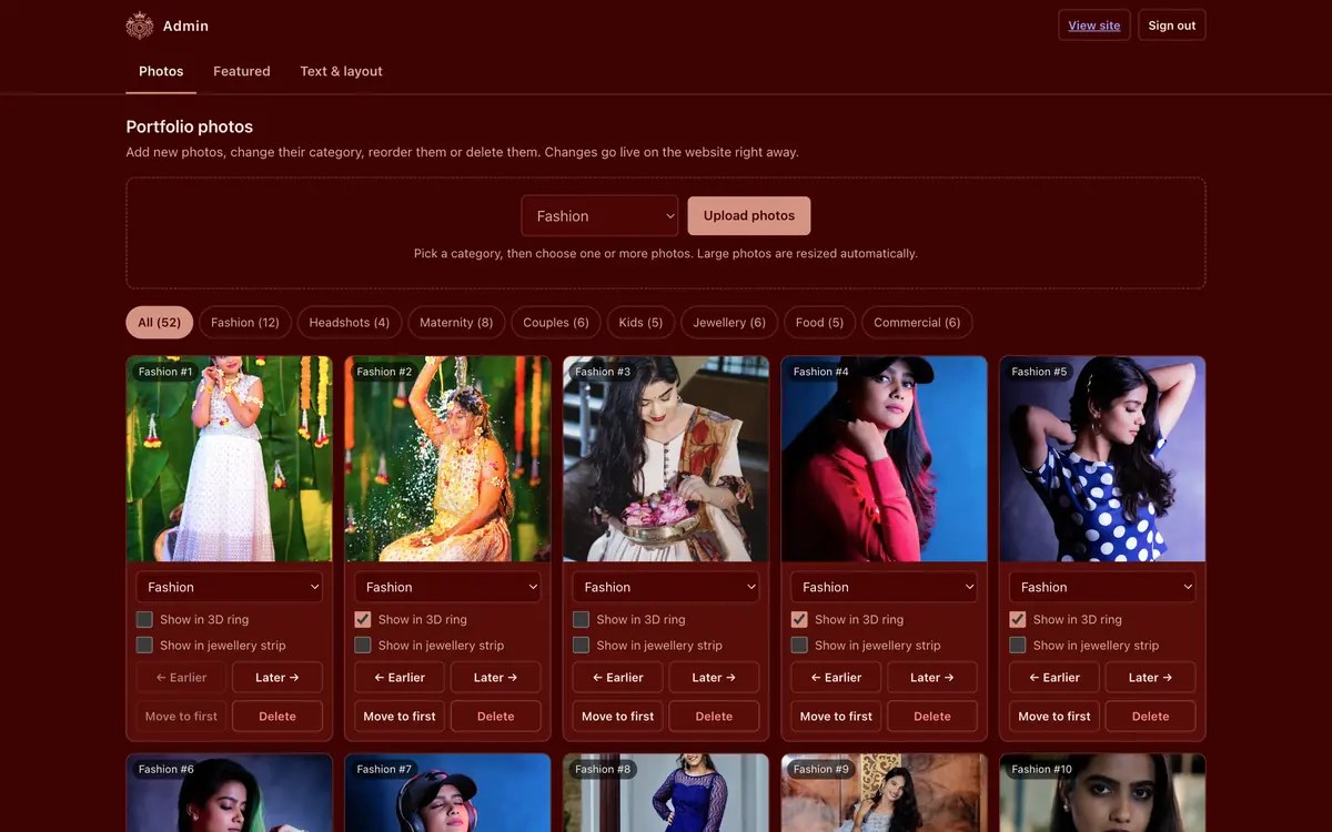 KalaDarpan admin panel: upload, sort and feature portfolio photos