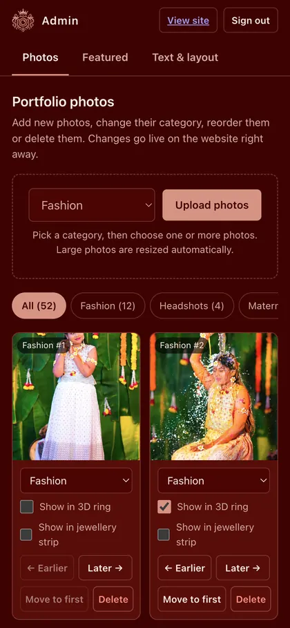 KalaDarpan admin panel photo manager on a phone