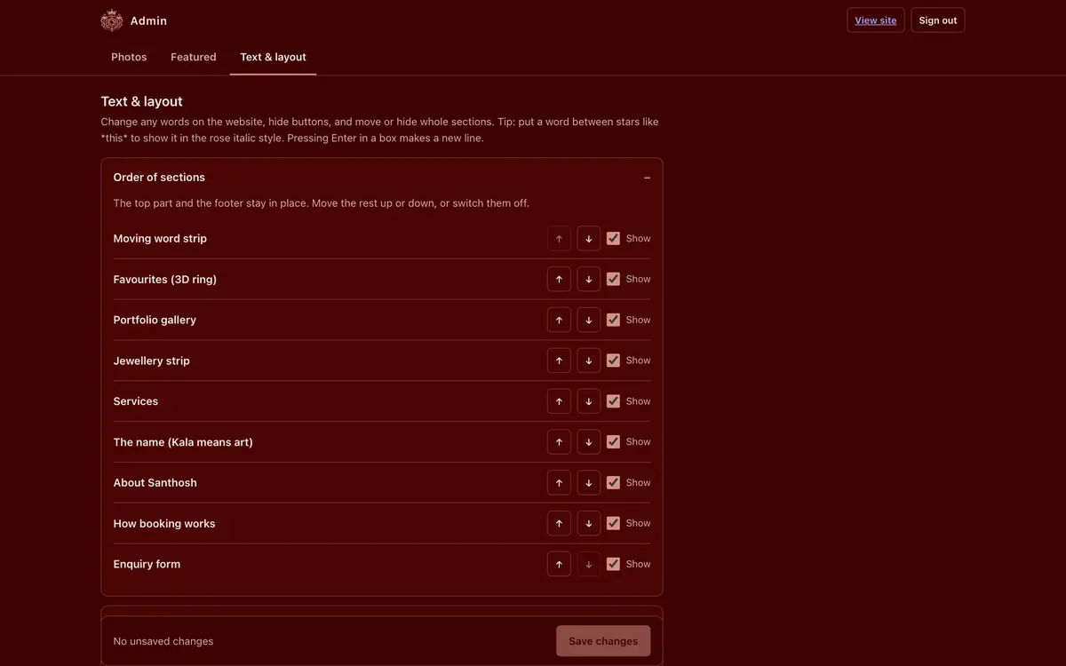 KalaDarpan admin panel: edit any text, reorder or hide whole sections