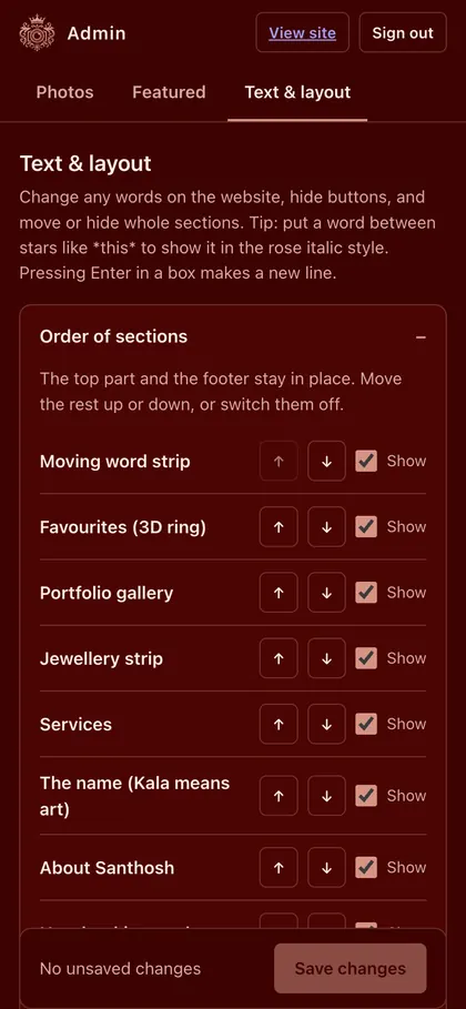 KalaDarpan admin panel section editor on a phone